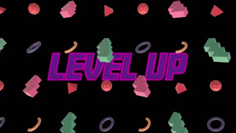 animation of level up text banner over abtract 3d shapes in seamless pattern on black background
