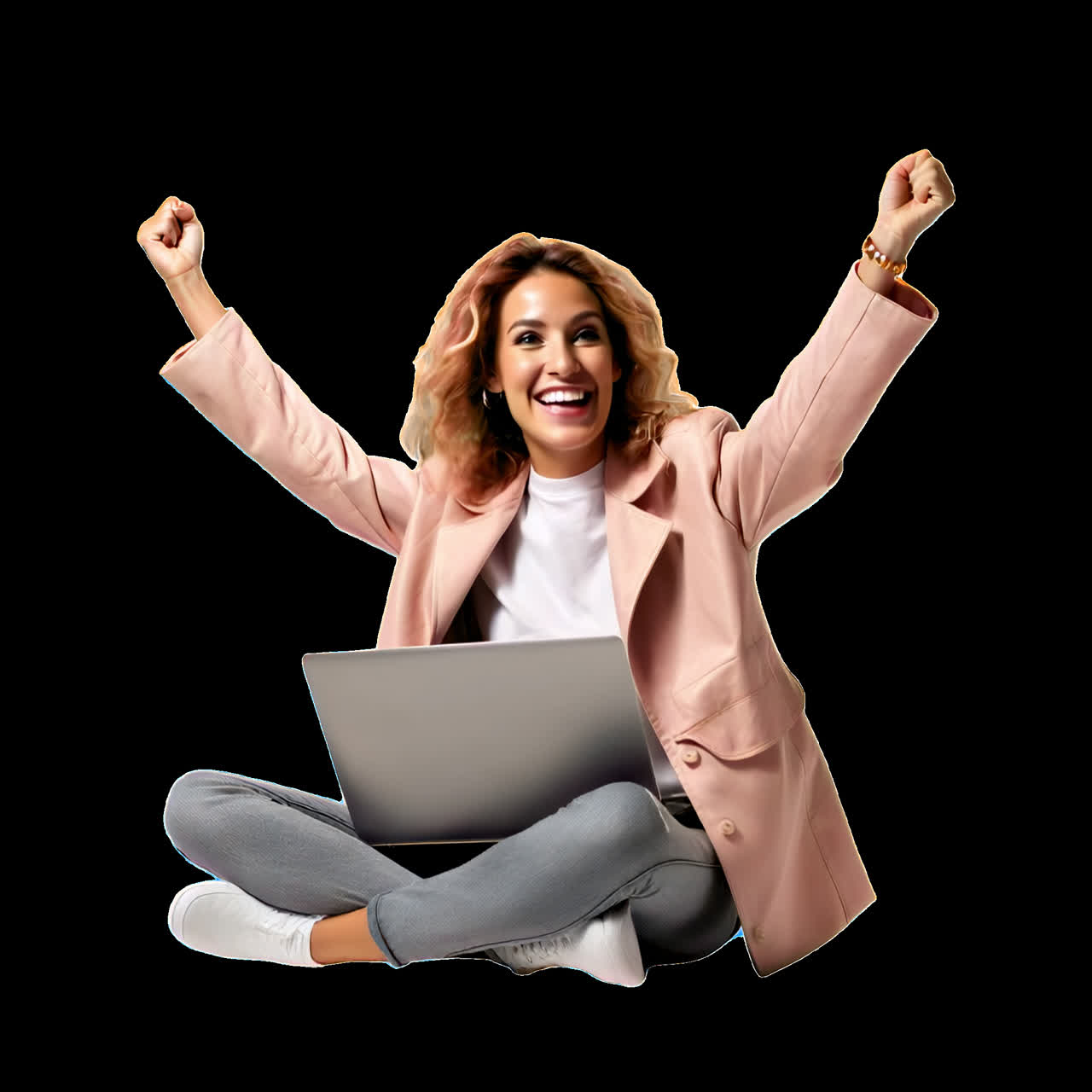 Excited woman with laptop success animation isolated asset, transparent 4K video, alpha channel