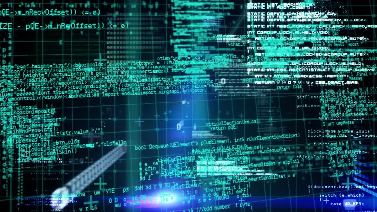 Animation of light trails over data processing on black background