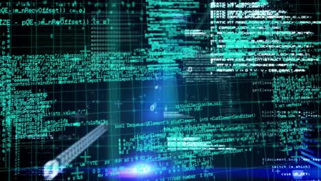 animation of light trails over data processing on black background