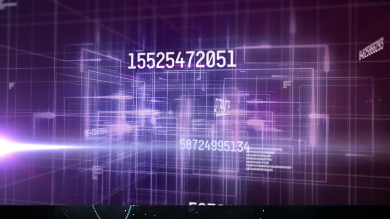 Animation of numbers, network of connections and data processing