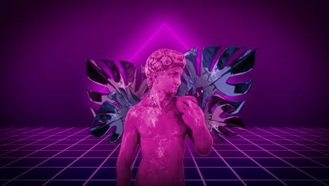 animación de escultura antigua de neón, hojas y cuadrado de neón con glitch sobre fondo transparente.
