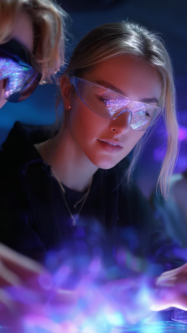 Futuristisk videnskabeligt eksperiment med ung kvinde, der fokuserer på farverigt lys og interaktiv teknologi i en højteknologisk laboratorieindstilling