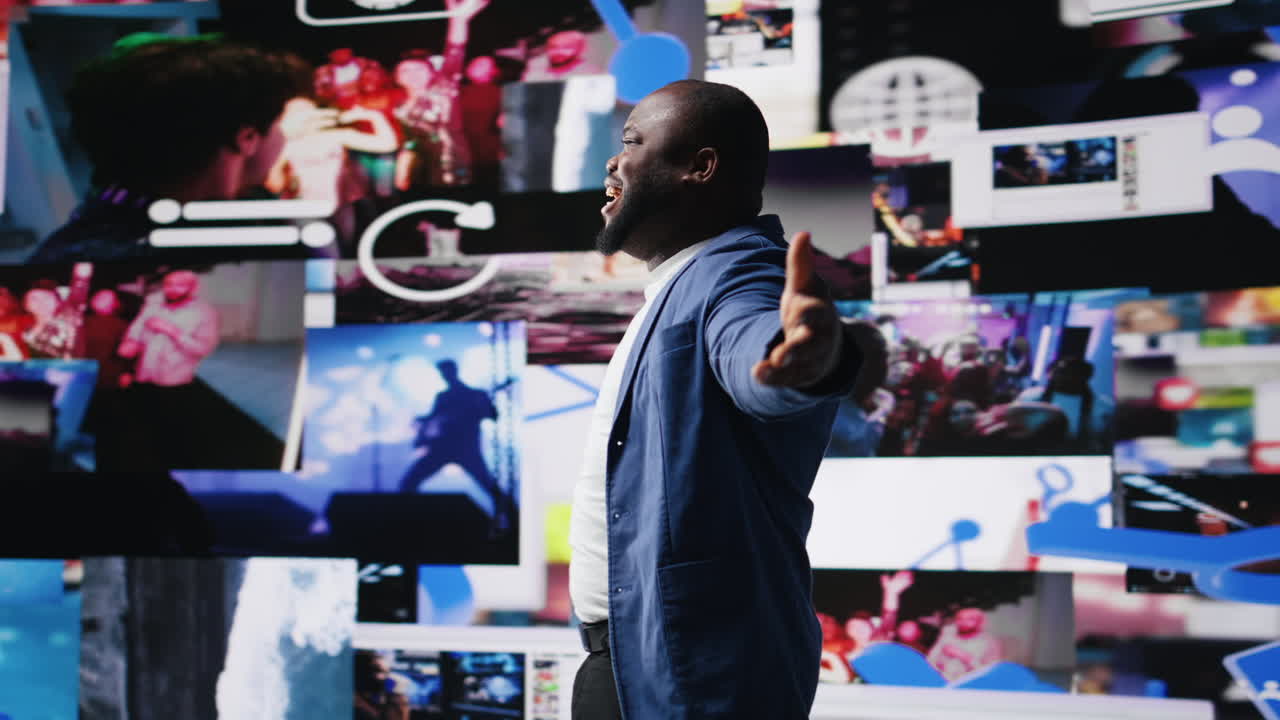 African American professional browses high tech environment with app icons