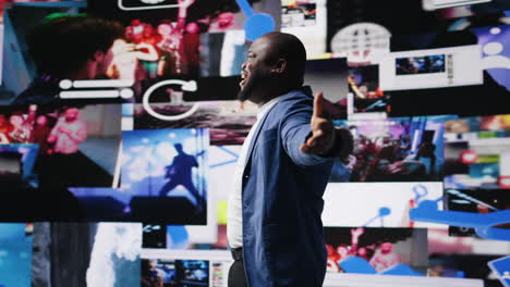 african american professional browses high tech environment with app icons