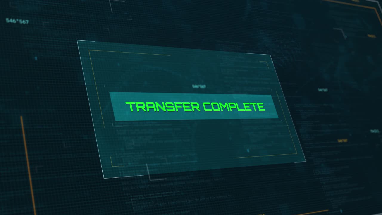 Transfer Complete Notification: Futuristic Loading Screen Animation for Cyber Security with Computer Code Background