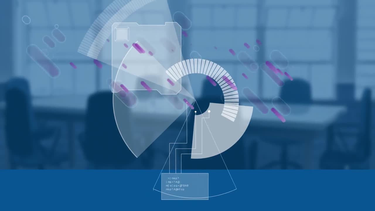 Animation of scope scanning and data processing over empty office