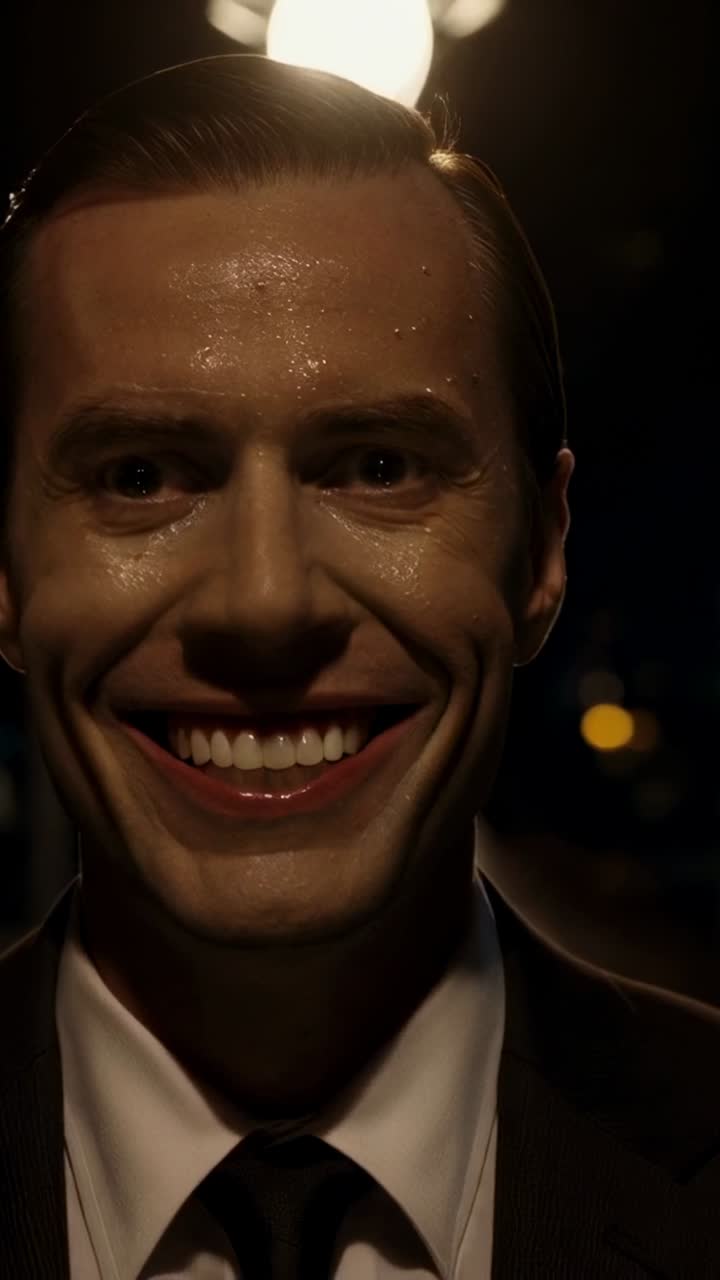 Vertical video: Smiling man in suit and tie facing camera, lamps dimming on night walkway, sweating