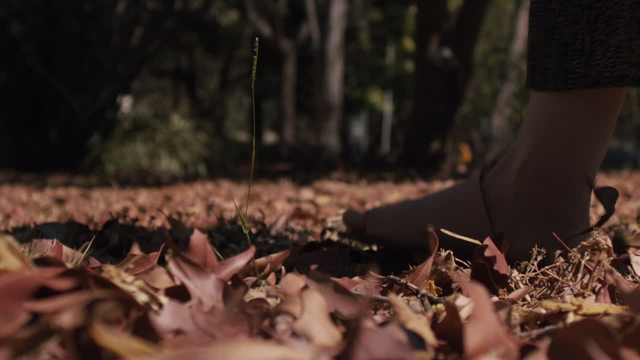 카메라를 지나 걷는 드레스를 입은 알 수 없는 사람, 공원에 있는 신비한 여자