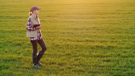 Una-Joven-Campesina-Camina-Por-Un-Campo-De-Trigo-Con-Una-Tableta