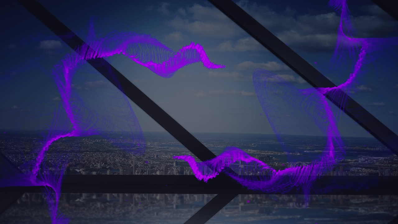 Animation of purple wave over cityscape