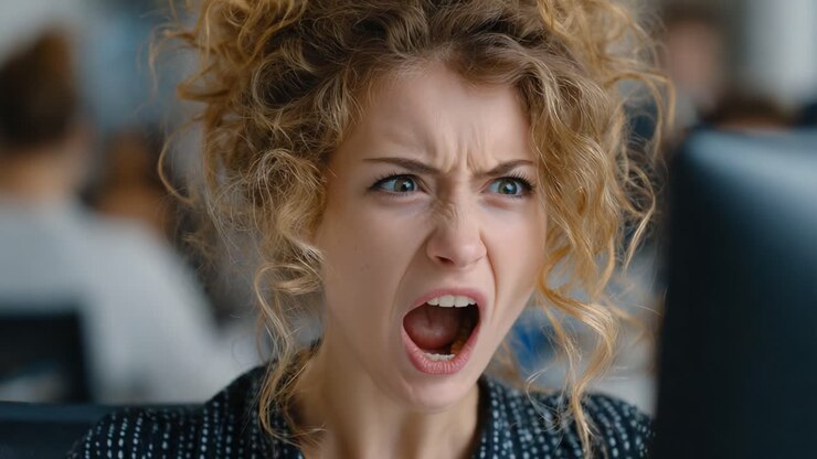 Émotion intense capturée : une personne frustrée réagit avec colère dans un espace de travail moderne, illustrant les difficultés de la vie quotidienne et le stress lié au travail.