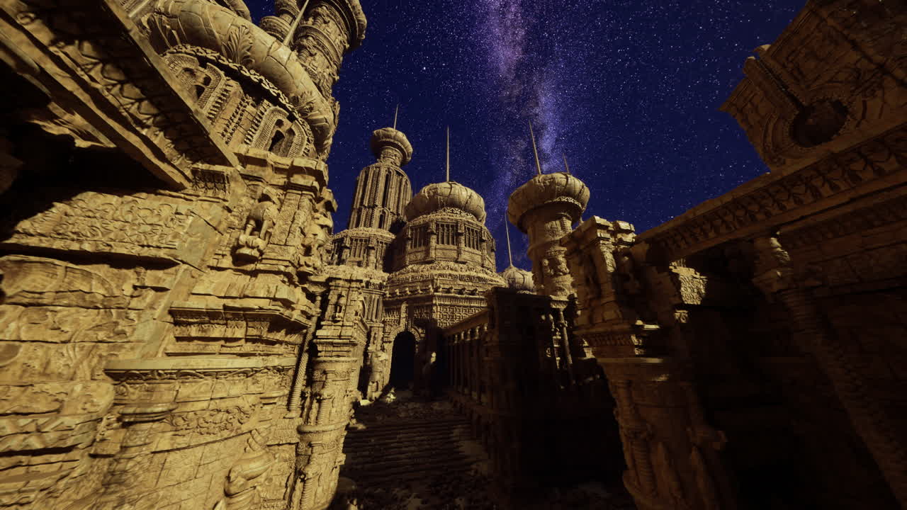 Majestic ancient architecture under a starry night sky