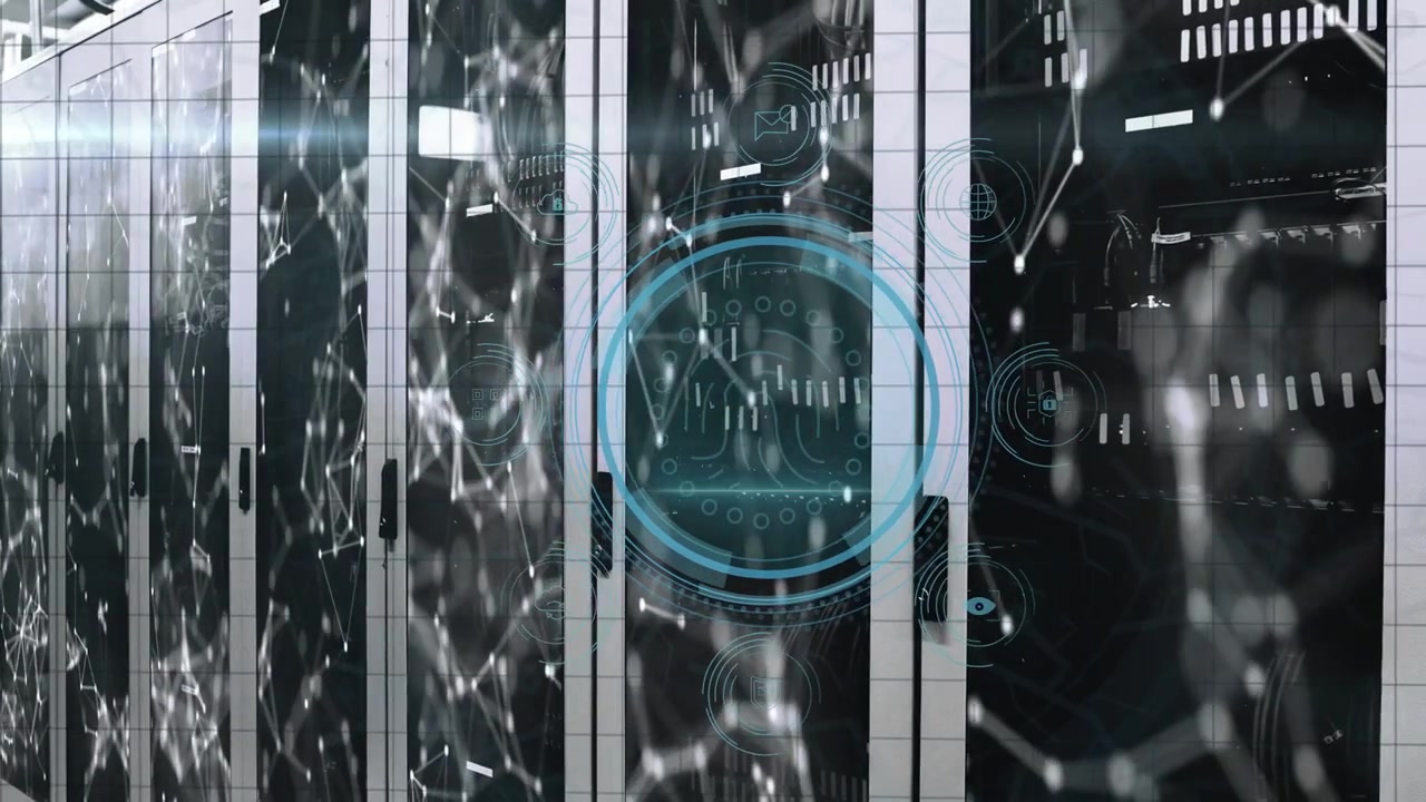 Central racks in data center showing node network appearing, growing cyan circular HUD scanning