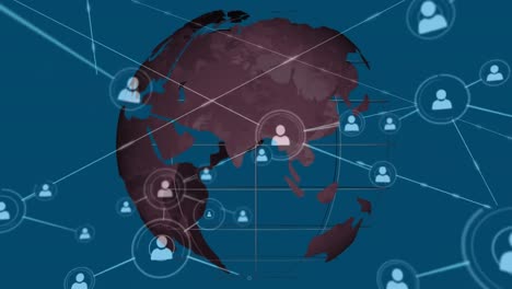 animación digital de la red de iconos de perfil contra el globo giratorio sobre fondo azul
