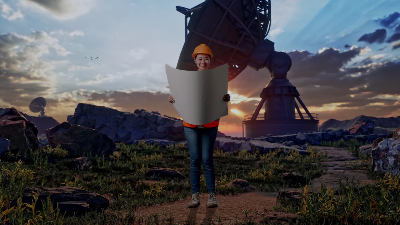Full Body Of Asian Female Engineer With Safety Helmet Looking At Blueprint In Her Hands While Standing With Large Satellite Dish