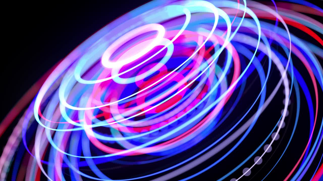flujo de luz en la estructura de anillo, bg en 4k. fondo en bucle abstracto con senderos de luz, flujo de líneas de neón rojo azul en anillos de forma espacial. fondo de diseño de movimiento moderno de moda. efecto de luz,