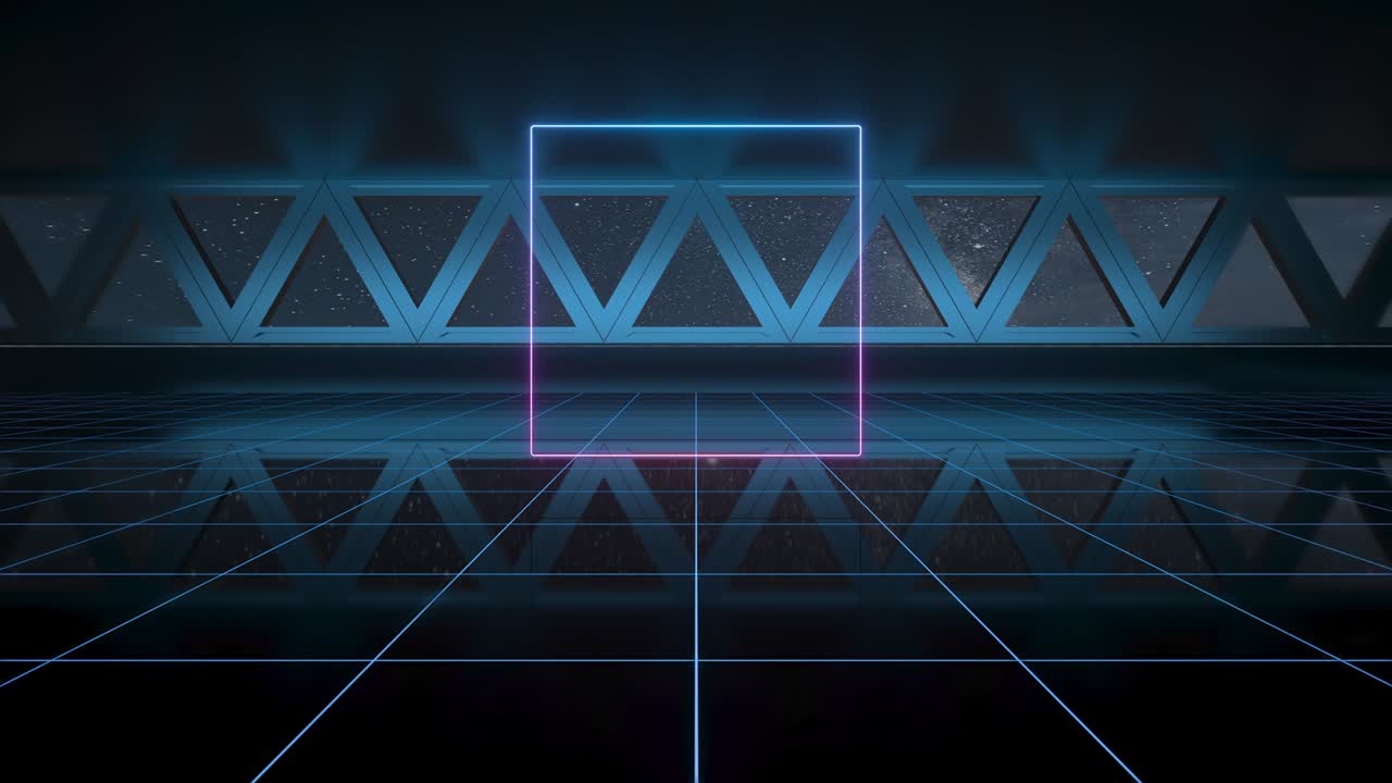 una habitación oscura en el espacio exterior con luces de neón, renderización en 3d.