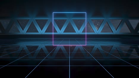 una habitación oscura en el espacio exterior con luces de neón, renderización en 3d.