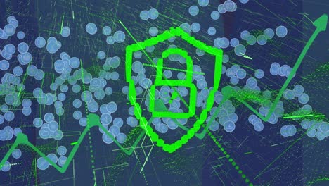 animación de un candado verde digital con un escudo moviéndose sobre iconos de computadora abstractos