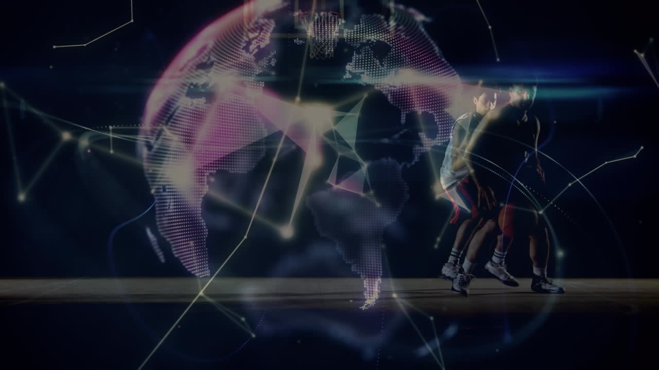 체육관에서 다양한 농구 선수들과 전 세계와의 연결 네트워크의 활성화