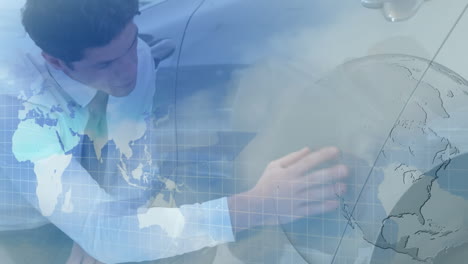 digital composite shows pandemic concept with man cleaning car amid animated global visuals.