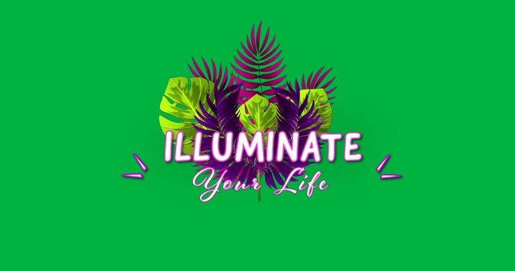 Design grafico con insegna al neon ILLUMINA LA TUA VITA che brilla tra foglie tropicali su uno strato trasparente.