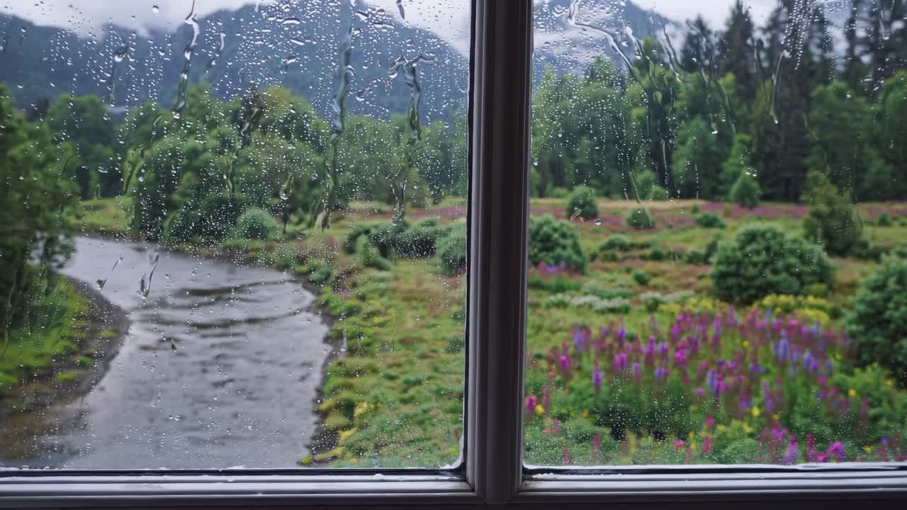Video captures a rainy landscape through a window, showcasing a serene river and vibrant flowers