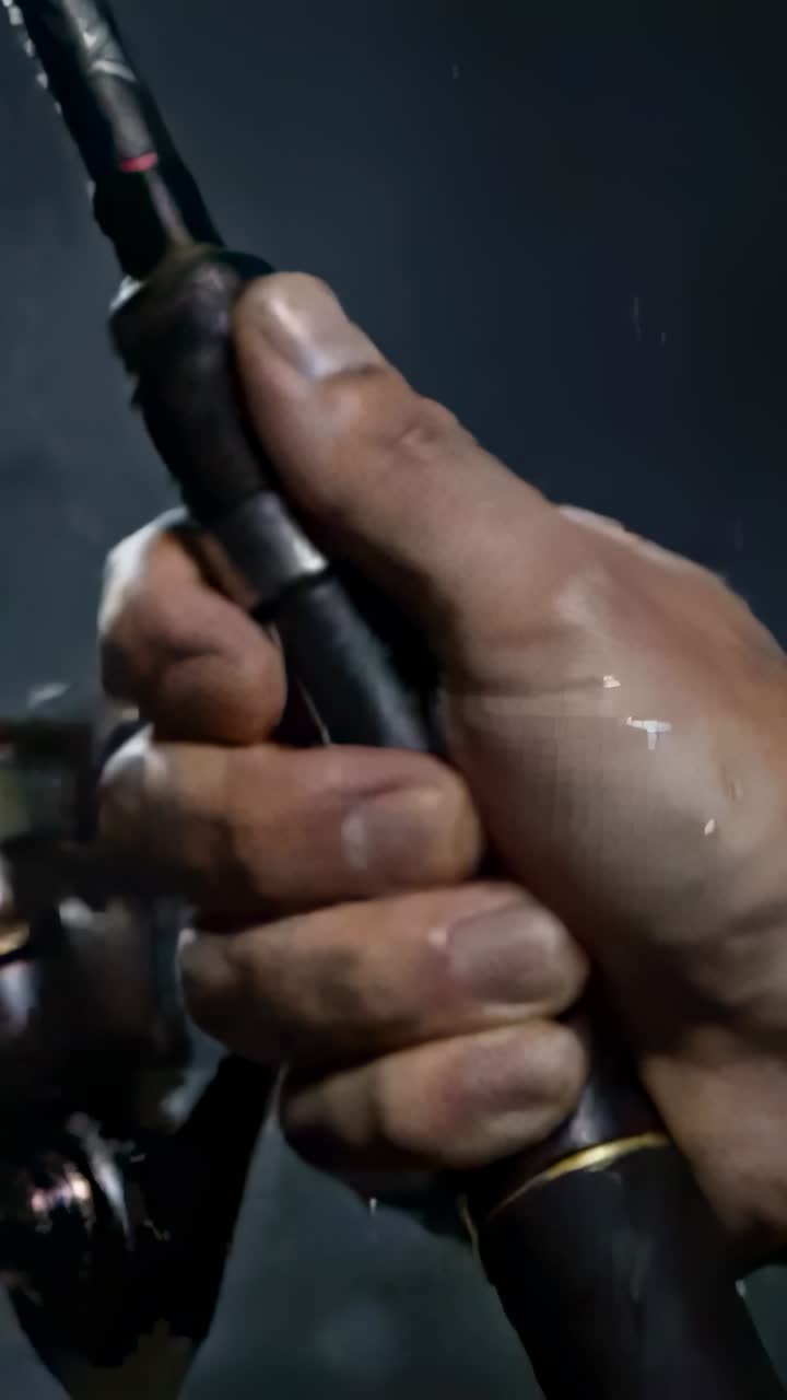 Vertical video: Feeling line tension, angler's hands gripping rod, turning reel on boat with rain