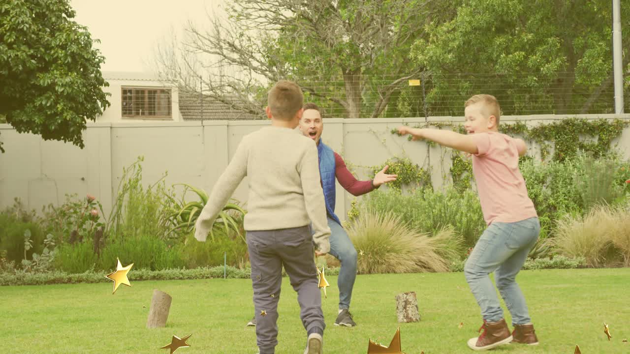 Boy dribbling soccer ball toward adult, lunging to block, gold stars marking shots for practice