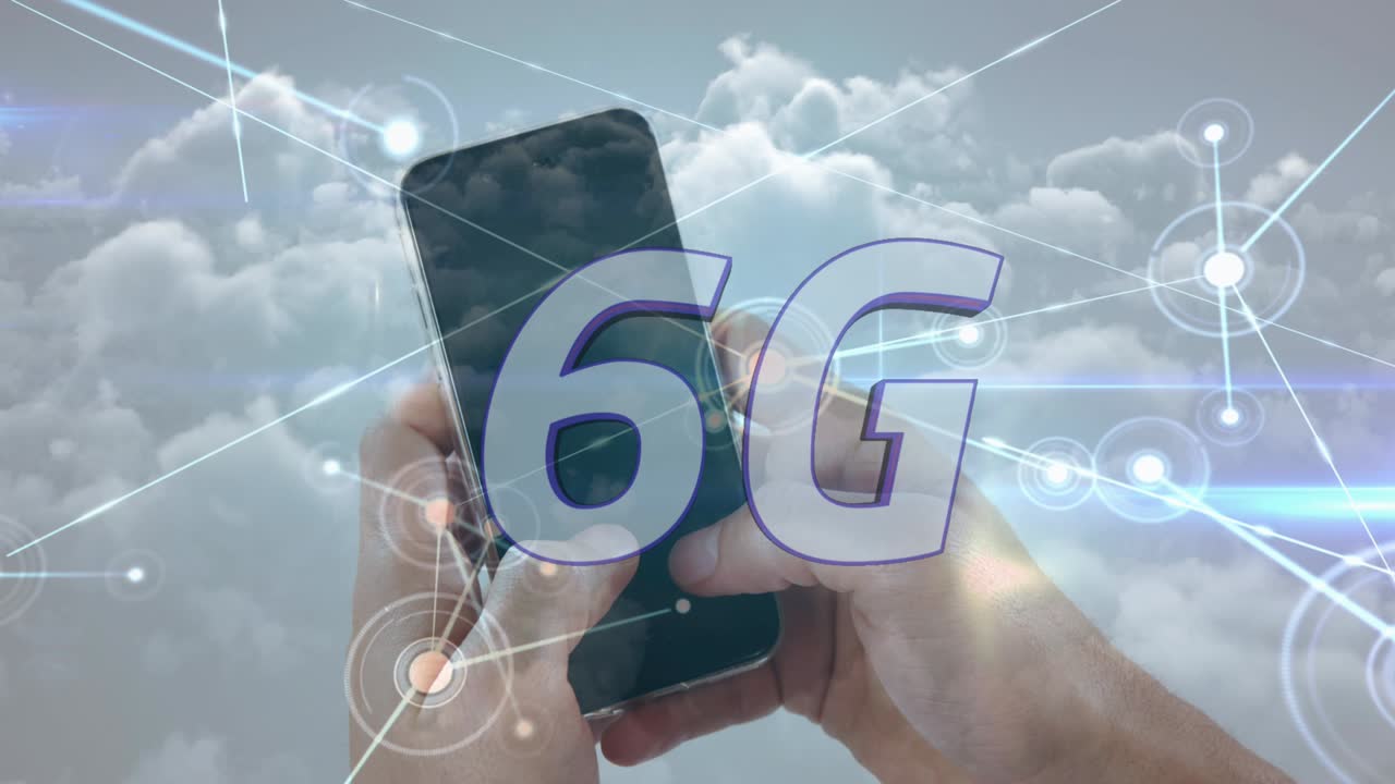 animación de texto 6g, red de conexiones y hombre usando teléfono inteligente sobre nubes
