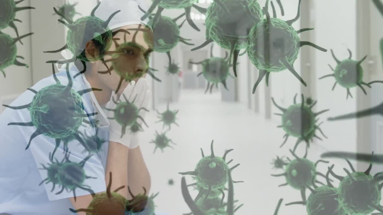 코로나바이러스 코로나19의 확산 애니메이션, 배경에는 의료진이 있습니다.