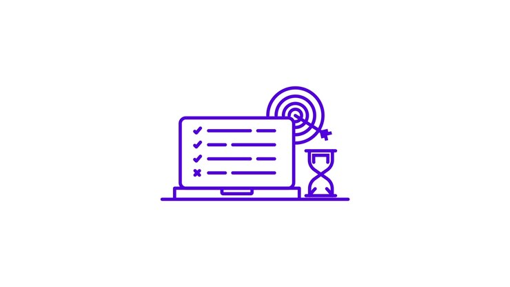 Laptop animato con checklist, obiettivo e icona della clessidra