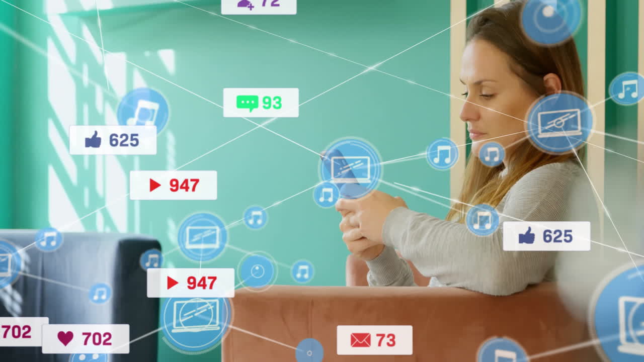 Using smartphone, woman receiving social media notifications with animation overlay