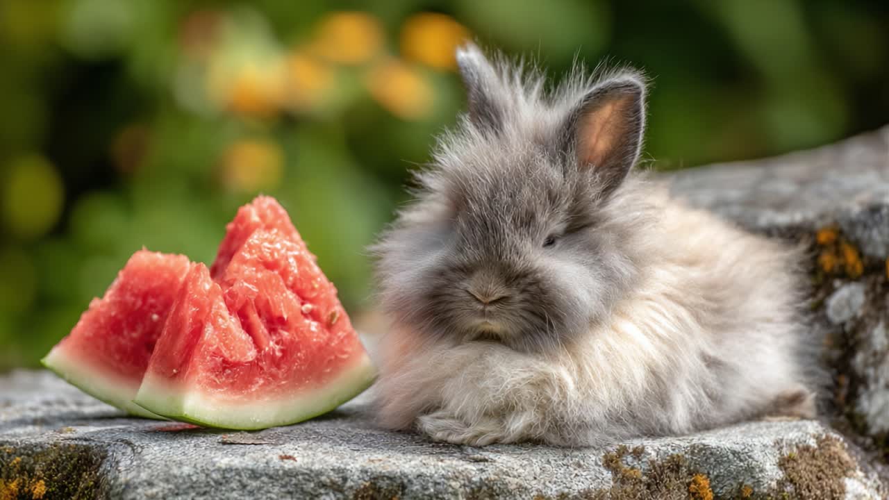 A Cute Rabbit Enjoying Refreshing Watermelon on a Sunny Day, Captured in Two Frames - The Adorable Moment of Eating Watermelon
