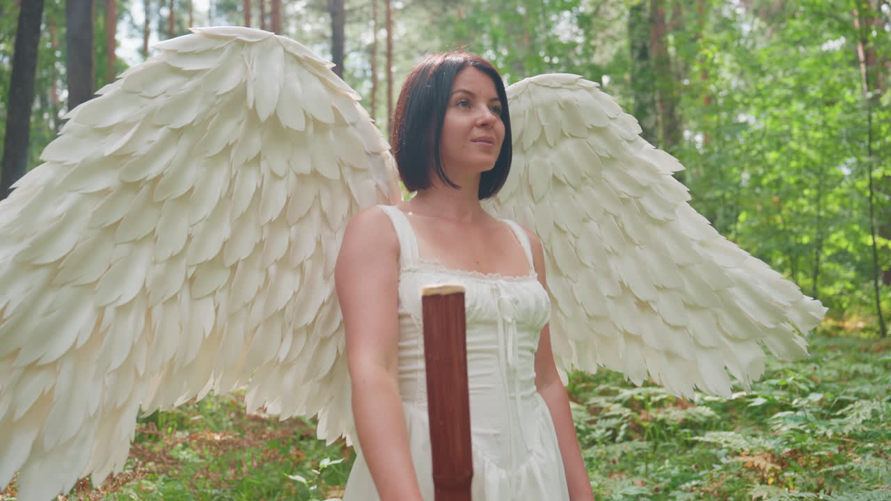 White fairy woman with angelic feather wings in white gown holding wooden staff lowering it confidently under forest sunlight surrounded by green ferns and trees radiating