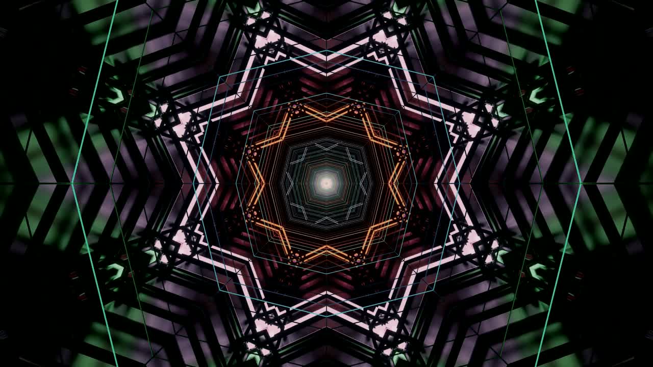 A vibrant, colorful tunnel showcases dynamic patterns and shapes. The video loop creates an immersive visual experience, perfect for screensavers or VJ performances at events