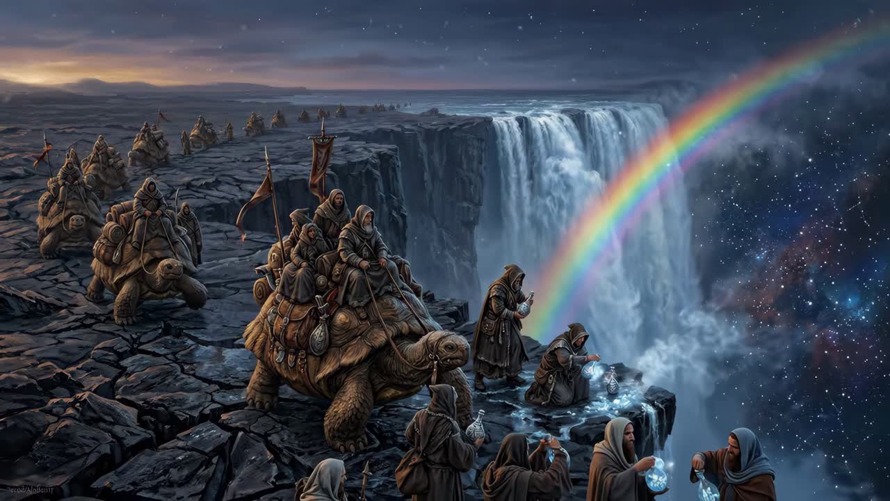 Monaci fantasy che cavalcano tartarughe giganti verso una cascata cosmica