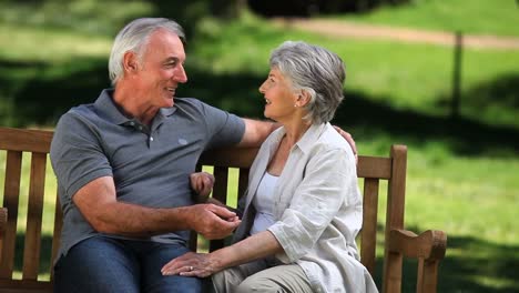 Senior-couple-talking-together-on-a-bench