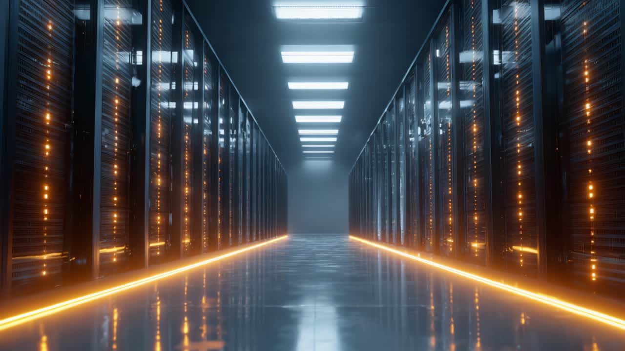 Un corridoio futuristico di un data center con rack illuminati e riflessi sul pavimento, che mostra un'infrastruttura tecnologica avanzata.