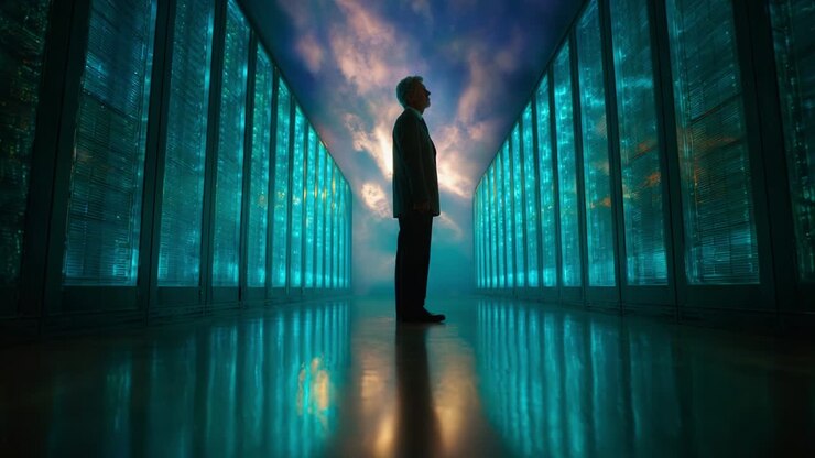 Uma figura solitária está em meio a servidores de dados futuristas refletindo uma paisagem digital, simbolizando a interação da tecnologia e da presença humana em um ambiente cativante e etéreo, cheio de luzes brilhantes e sombras dinâmicas.