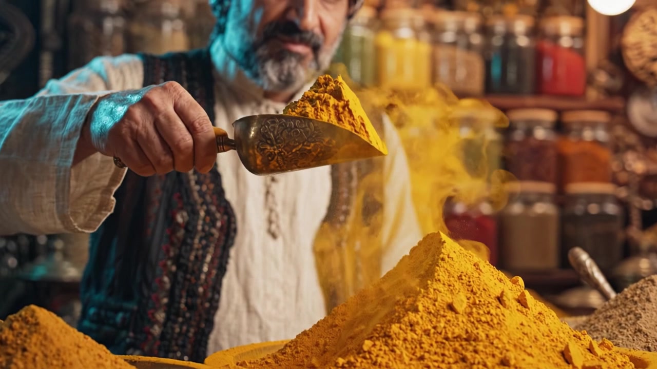 An Artisan Measuring Vibrant Spices: A Craftsman Carefully Delves into Yellow Turmeric from a Large Pile, Surrounded by Colorful Jars in a Cozy Market Setting