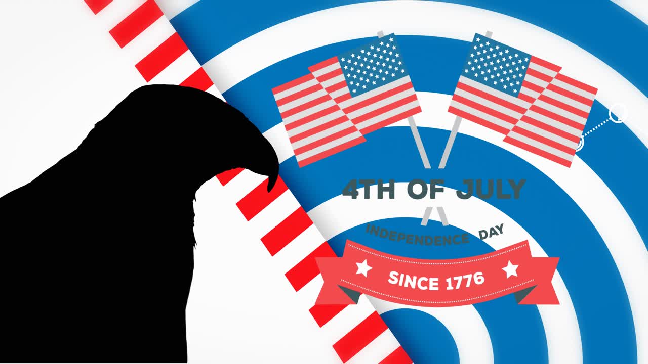Animation of eagle shape, flags of usa and 4th of july over background in usa flag colours