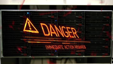 animation of danger text and symbol over server room