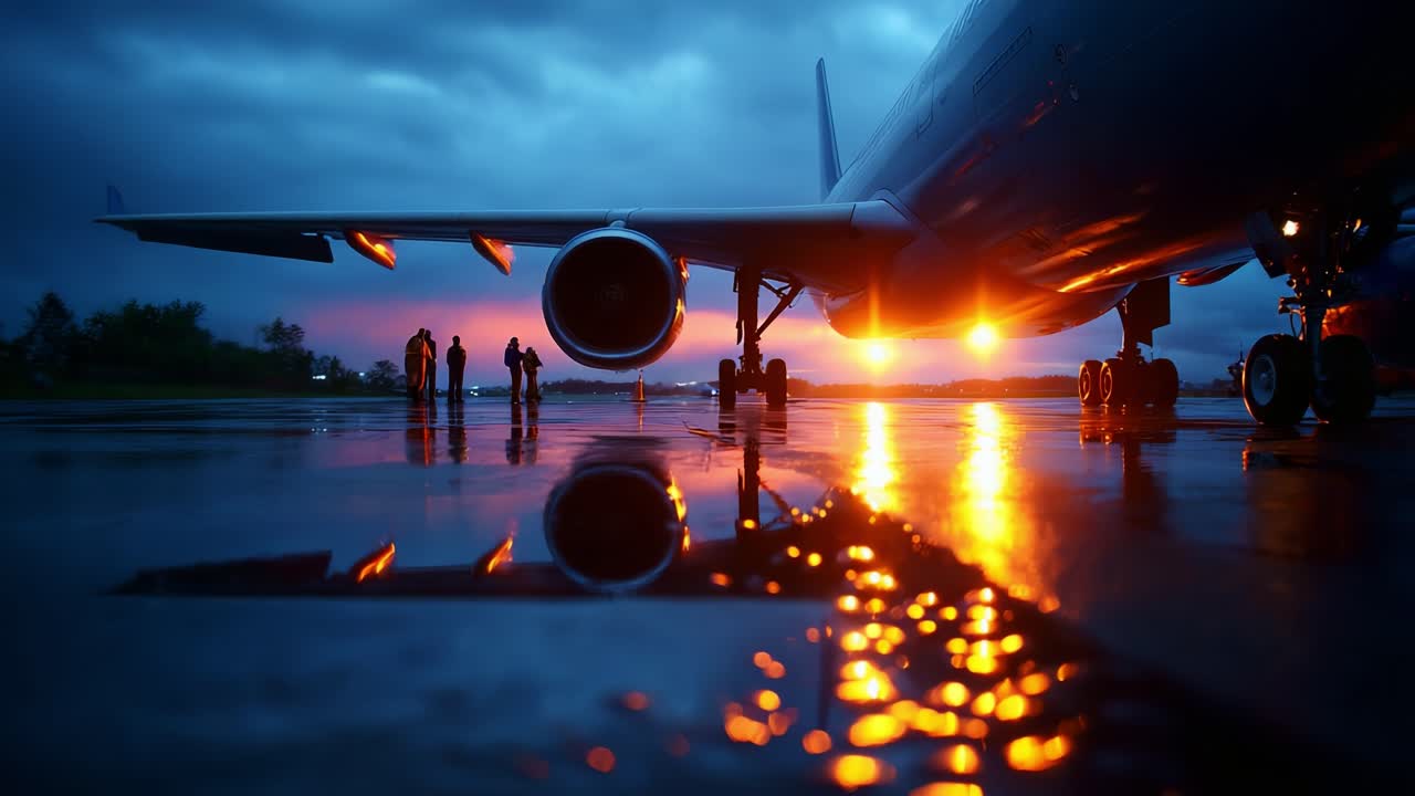En fantastisk solnedgang fanger beskuerne, mens silhuetter af mennesker samles nær et parkeret fly med reflekterende vandpytter, der fremhæver den dramatiske kontrast i aftenhimlen og viser et øjeblik af ro midt i rejsen