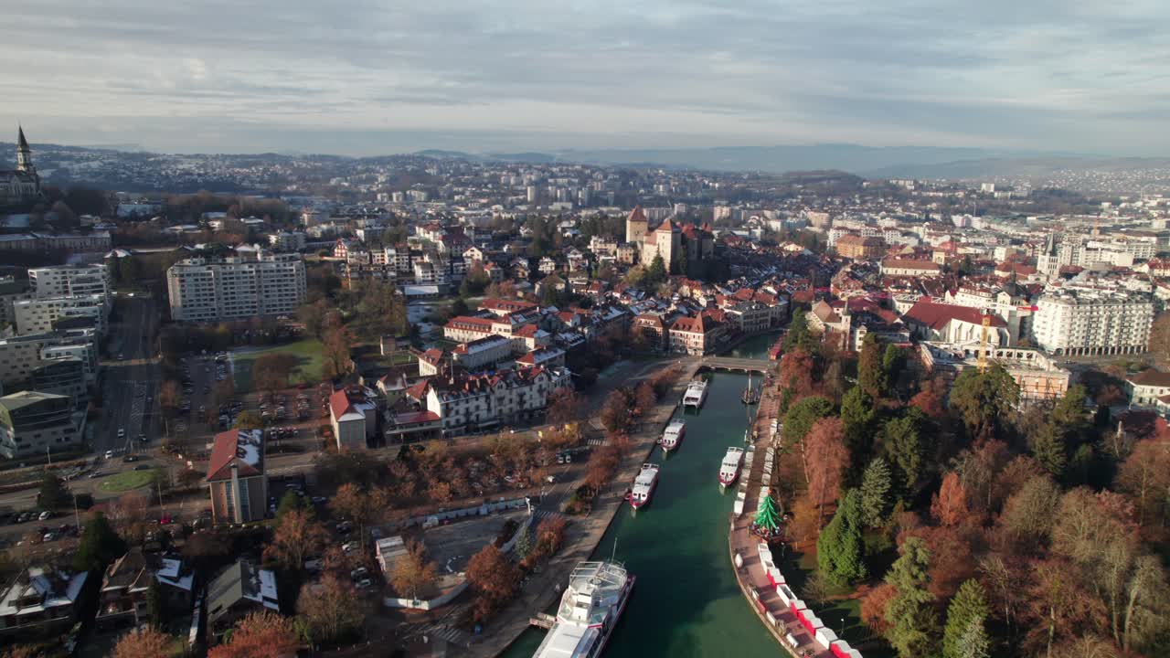 Annecy, France. Gorgeous high 4K drone shot with lake