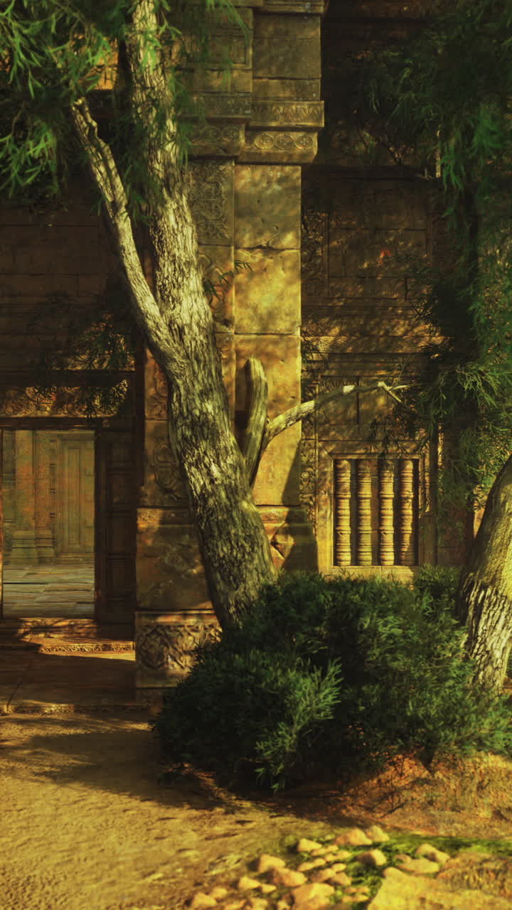 Ruins hidden in a lush forest featuring ancient stones and trees