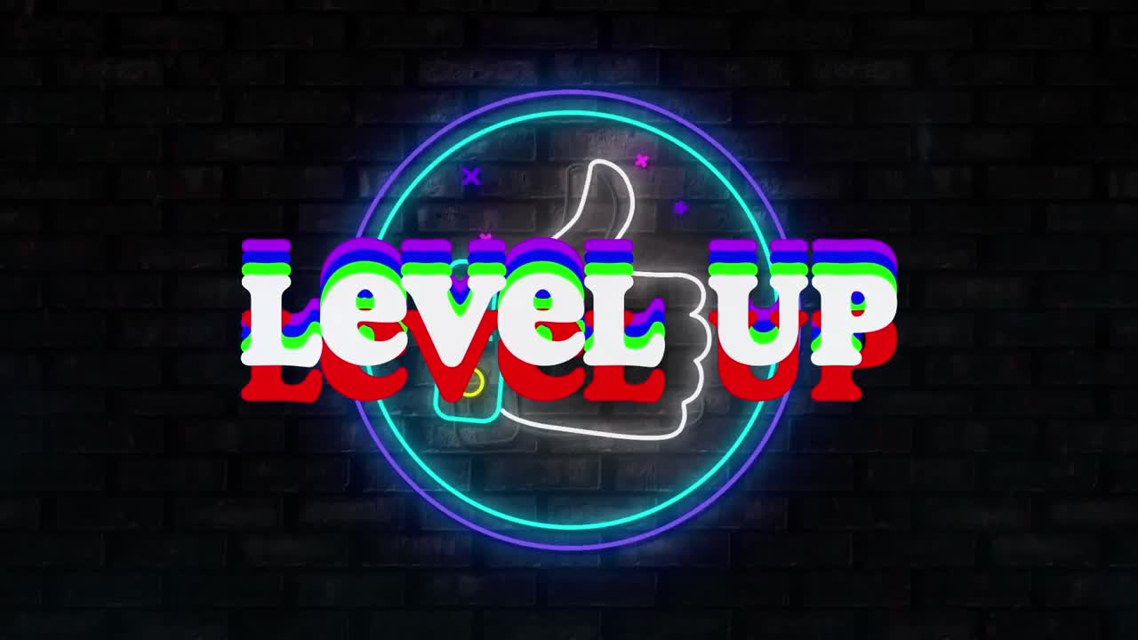 animación de colorido nivel de texto banner sobre neón como icono contra el fondo de la pared de ladrillo