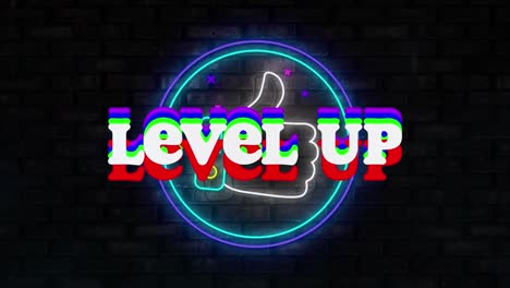 Animation-of-colorful-level-up-text-banner-over-neon-like-icon-against-brick-wall-background