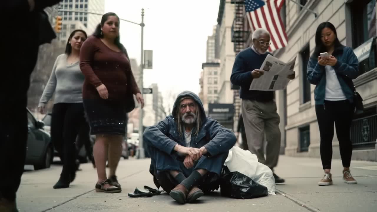 A poignant moment captured on the city streets, depicting an individual in need of help, surrounded by oblivious passersby, illustrating urban life's stark contrasts and social issues